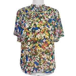 Ann Taylor Colorful Floral Top Smocked Neck  Chiffon Ethereal Flutter Sleeve XS